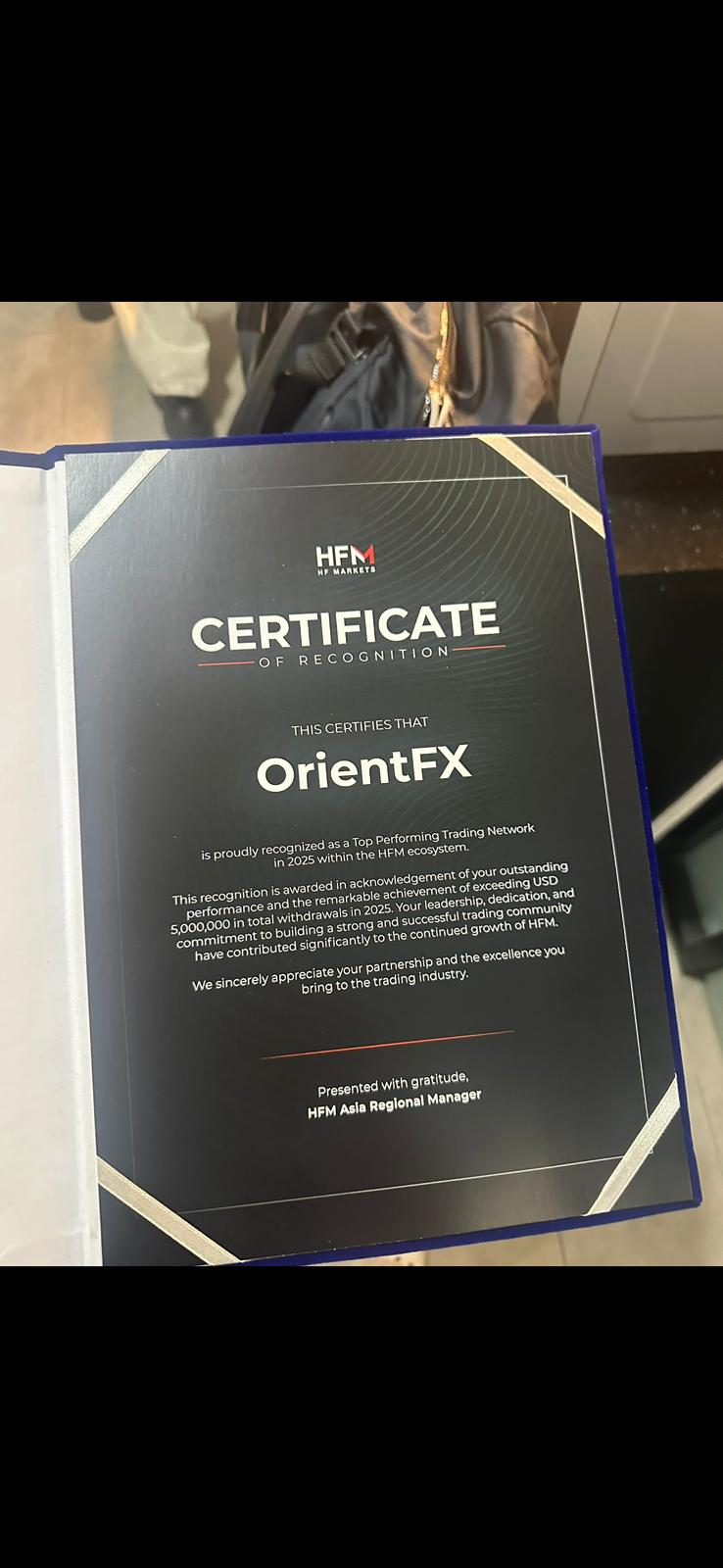 HFM Certificate of Recognition — OrientFX
